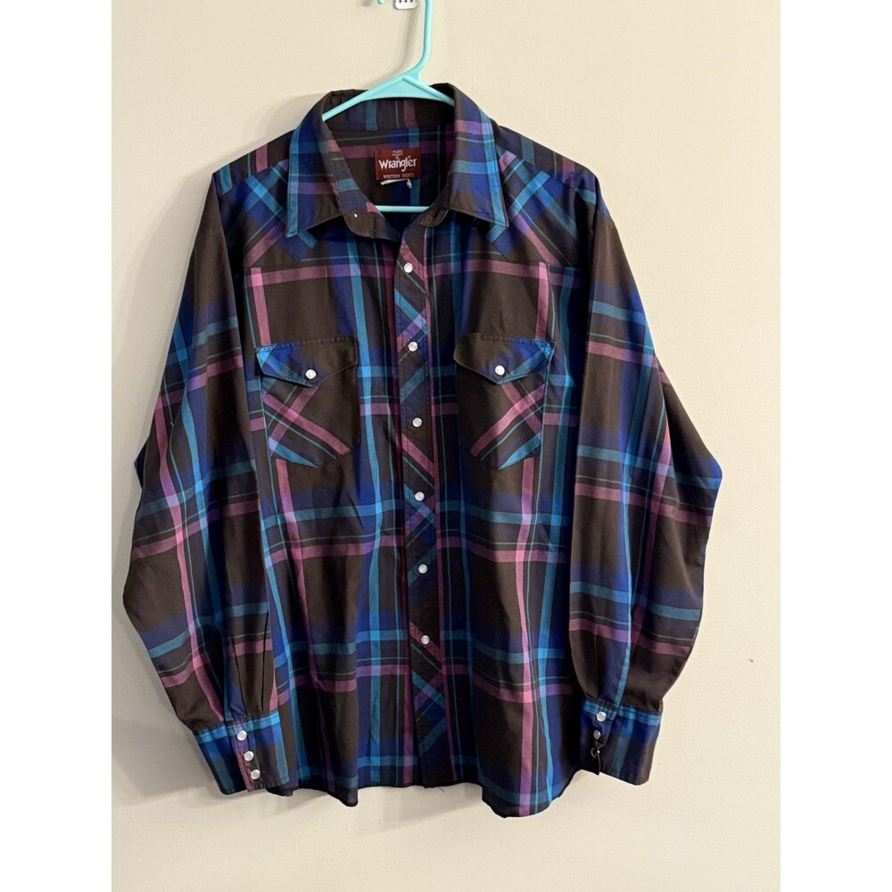 Men's Wrangler Western Shirts Size XL Green Purple Brown Blue Check‎ Snap Button